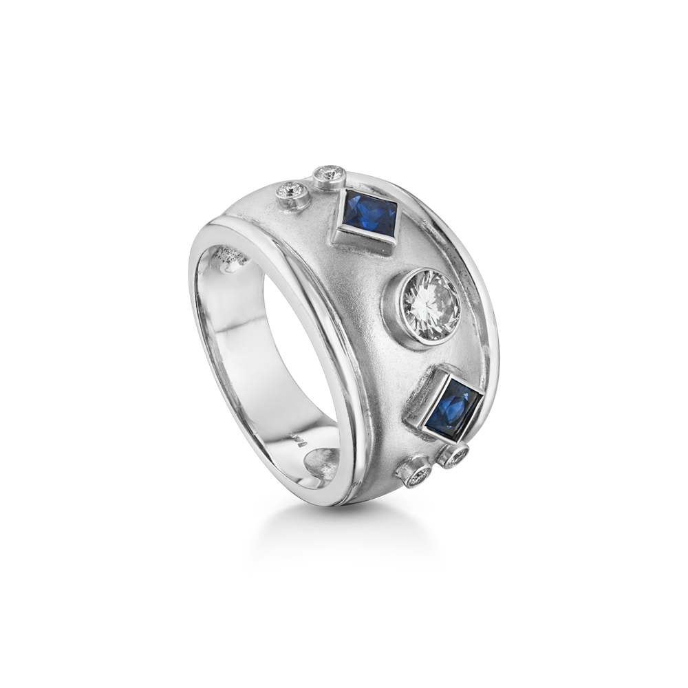 14K White gold, diamonds and sapphire ring. Blue sapphire ring montreal jewellery designer www.elysee.ca