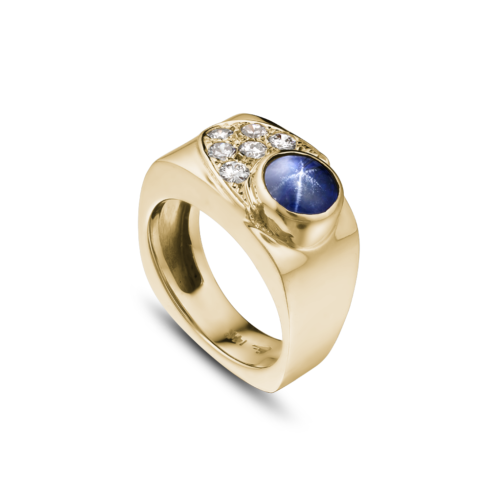 14K YELLOW GOLD STAR SAPPHIRE AND NATURAL DIAMOND RING