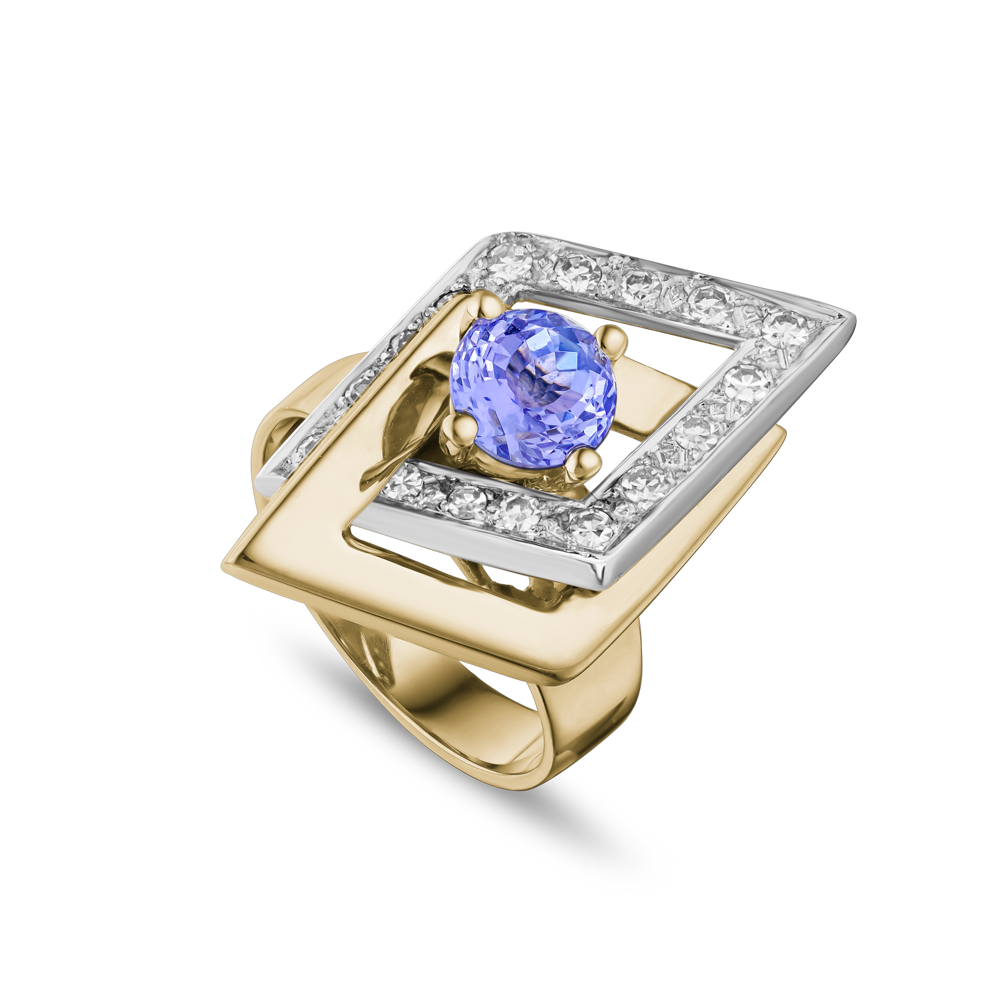 14 K White and Yellow gold Tanzanite and diamond ring.  Montreal custom designed jewellery.